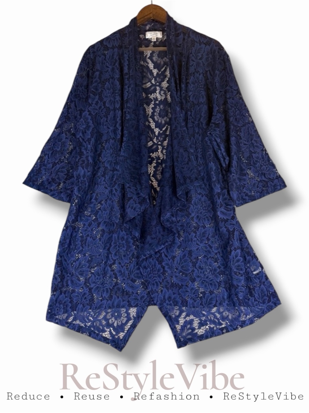 SHANNON FORD Women’s Size 2X Kimono Lace Cardigan Open Front Navy Blue
